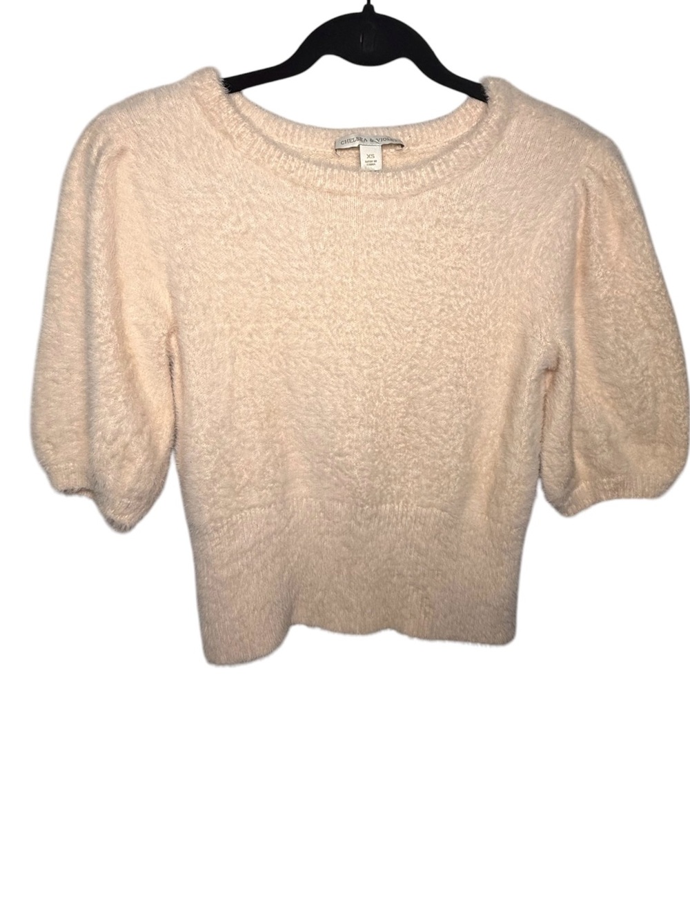 Chelsea & Violet Fuzzy Eyelash Puff Sleeve Sweater Cream XS Soft Knit